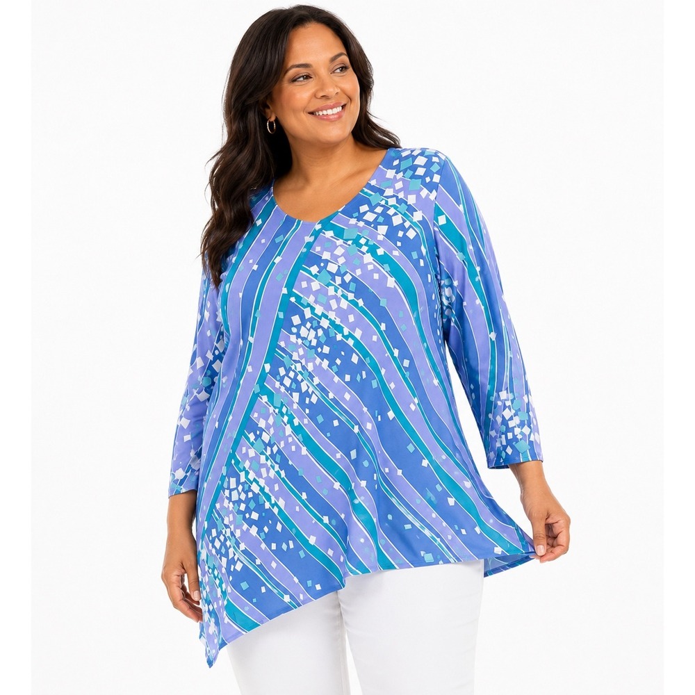 Bob Mackie Wearable Art Blue Geometric Stripe Asymmetrical Tunic Top 1X NEW